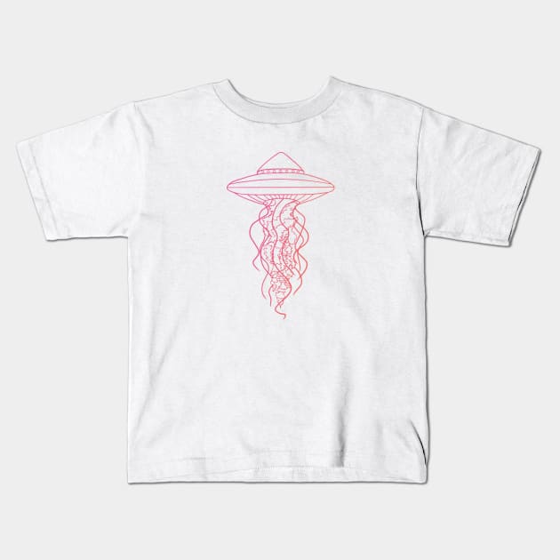 UFO Jellyfish Pink Peach Tones Line Art Drawing Space Sea Kids T-Shirt by Ciara Shortall Art